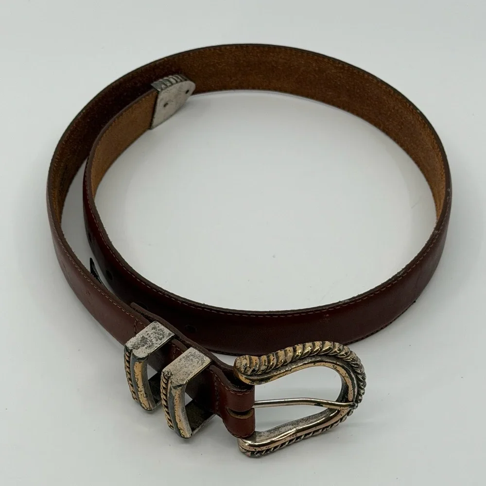 Vtg 90s Brighton Belt Womens S Brown Leather Gold Silver Buckle 1993 Western